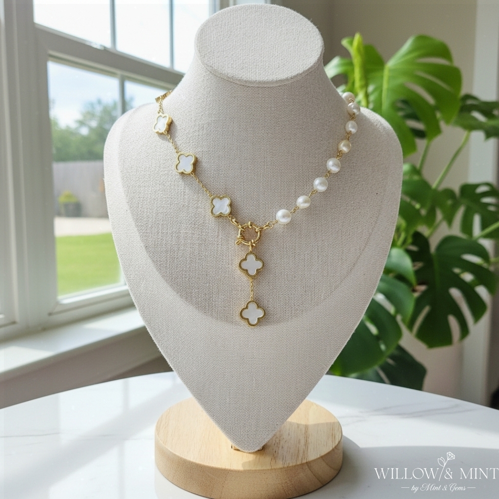 Mother of Pearl Clover Necklace Natural Freshwater Pearls Handmade